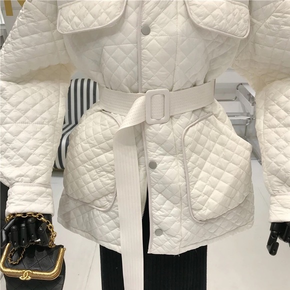 Quilted Jacket coat pocket belt British fashion white button winter outerwear - Picture 3 of 13
